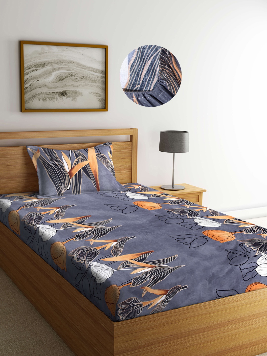 

Arrabi Grey & White Floral 300 TC Single Bedsheet with 1 Pillow Covers