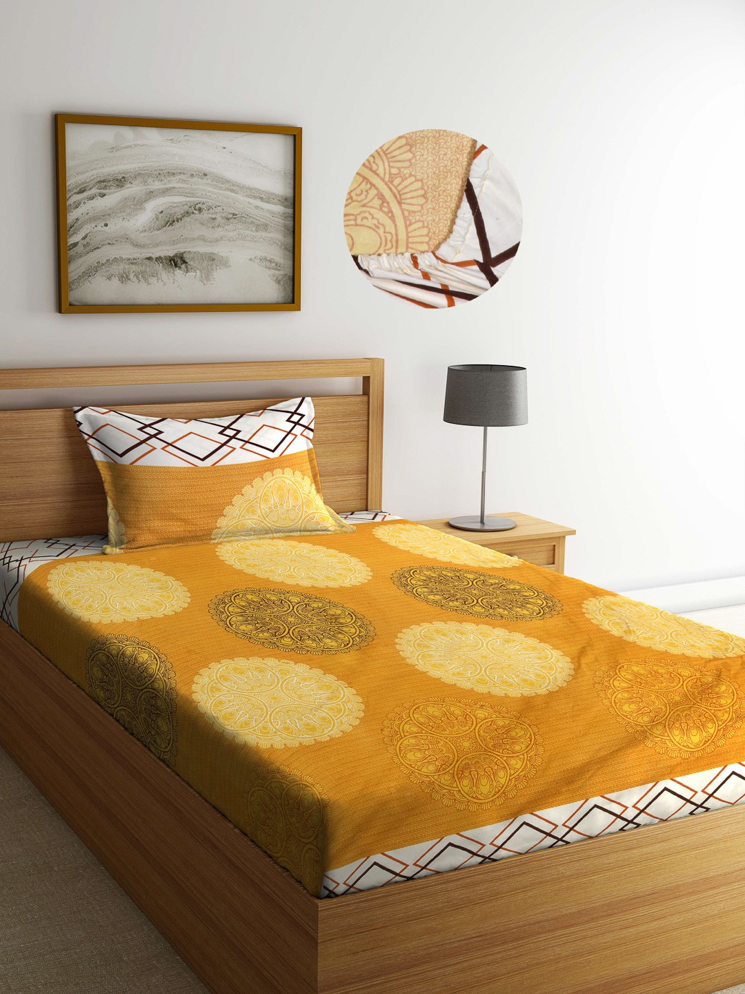 

Arrabi Yellow & Off White Ethnic Motifs 300 TC Single Bedsheet with 1 Pillow Covers