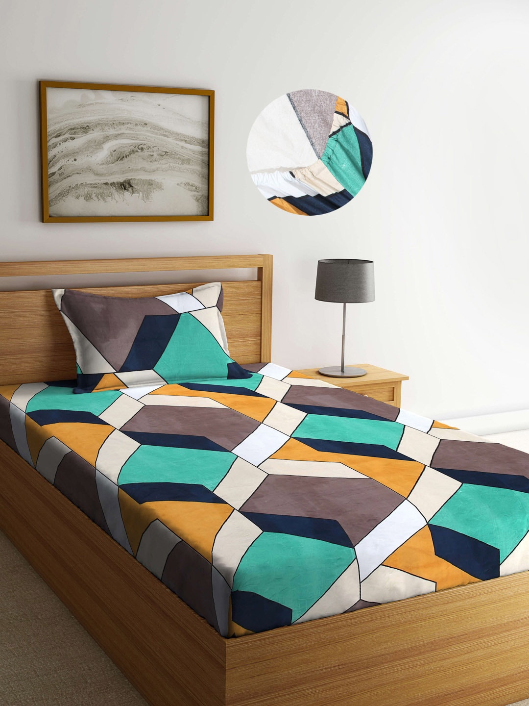 

Arrabi Green & Brown Geometric 300 TC Single Bedsheet with 1 Pillow Covers