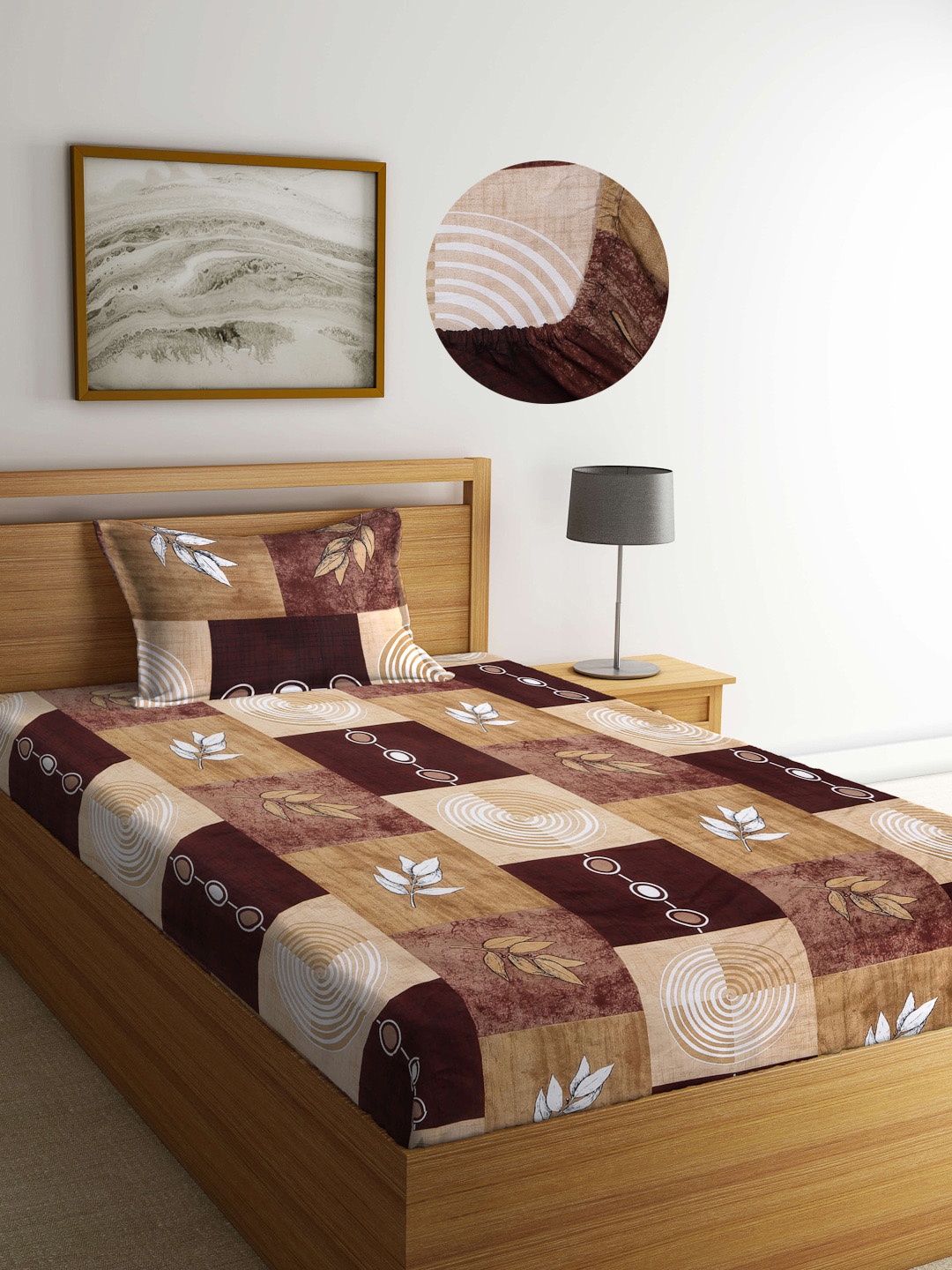 

Arrabi Brown & Off White Geometric 300 TC Single Bedsheet with 1 Pillow Cover
