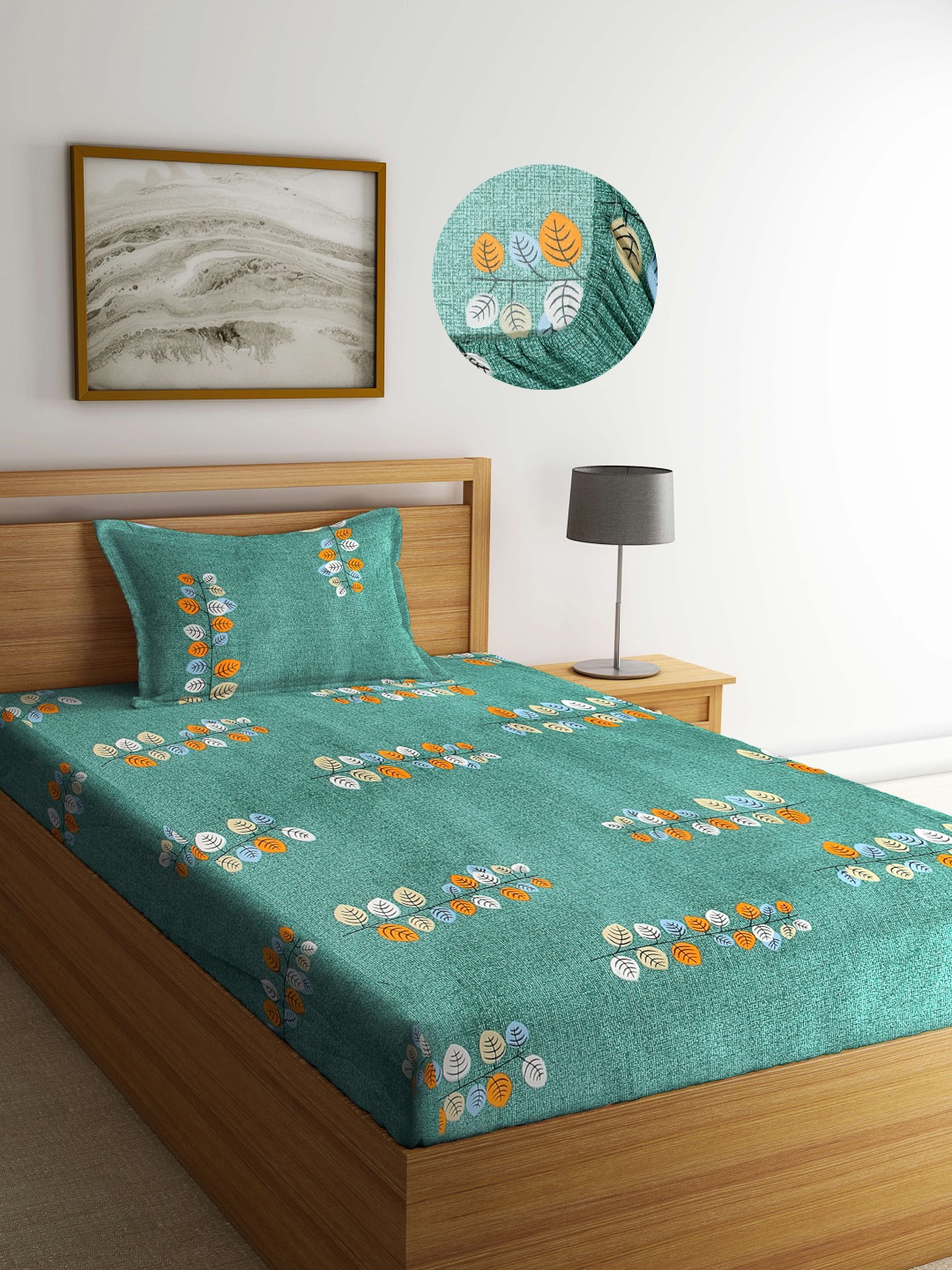 

Arrabi Green & Orange Floral 300 TC Single Bedsheet with 1 Pillow Cover