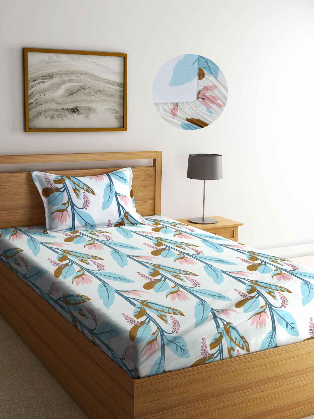 

Arrabi White & Blue Floral 300 TC Single Bedsheet with 1 Pillow Covers