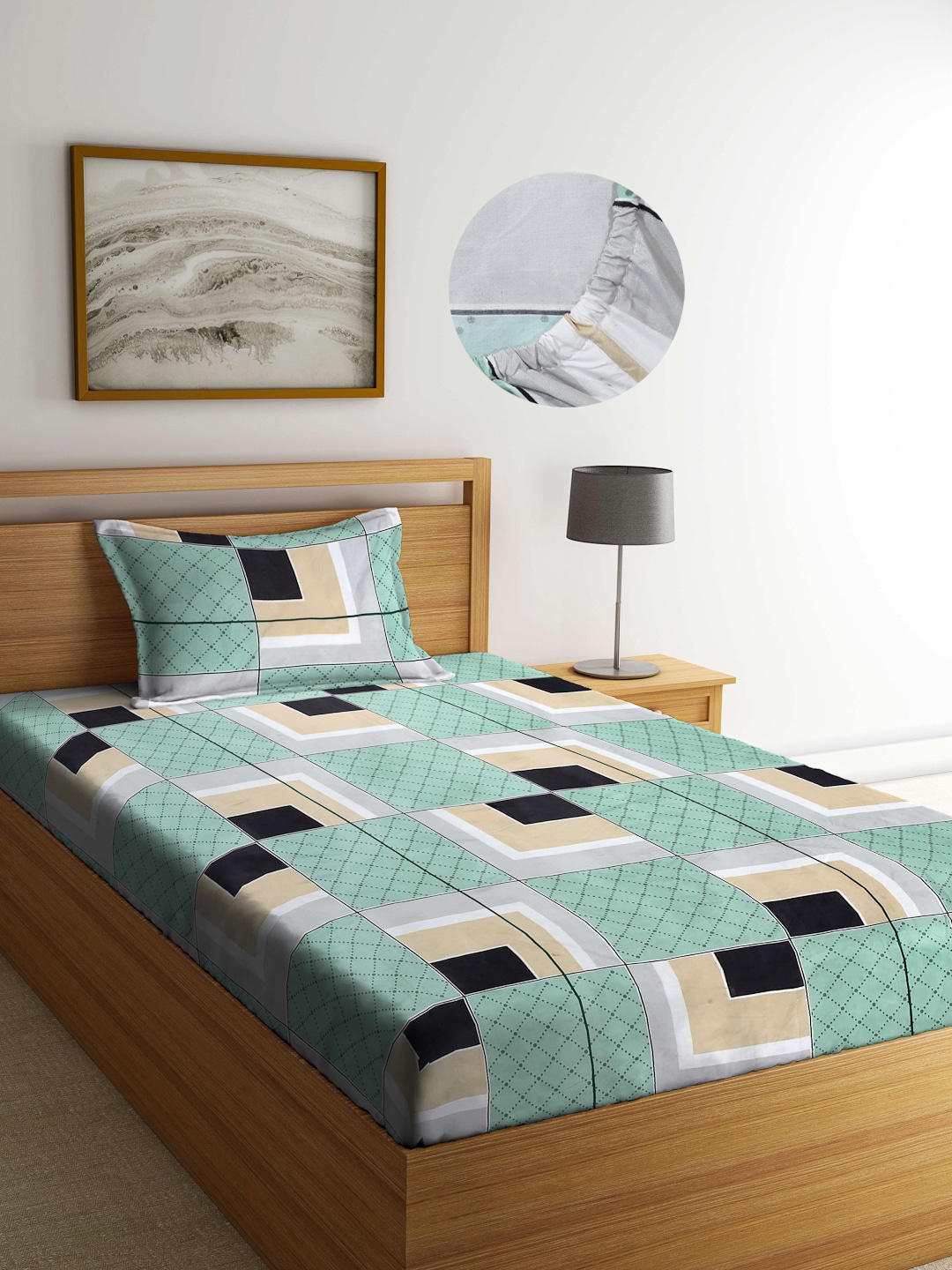 

Arrabi Unisex Green & White Geometric 300 TC Single Bedsheet with 1 Pillow Covers