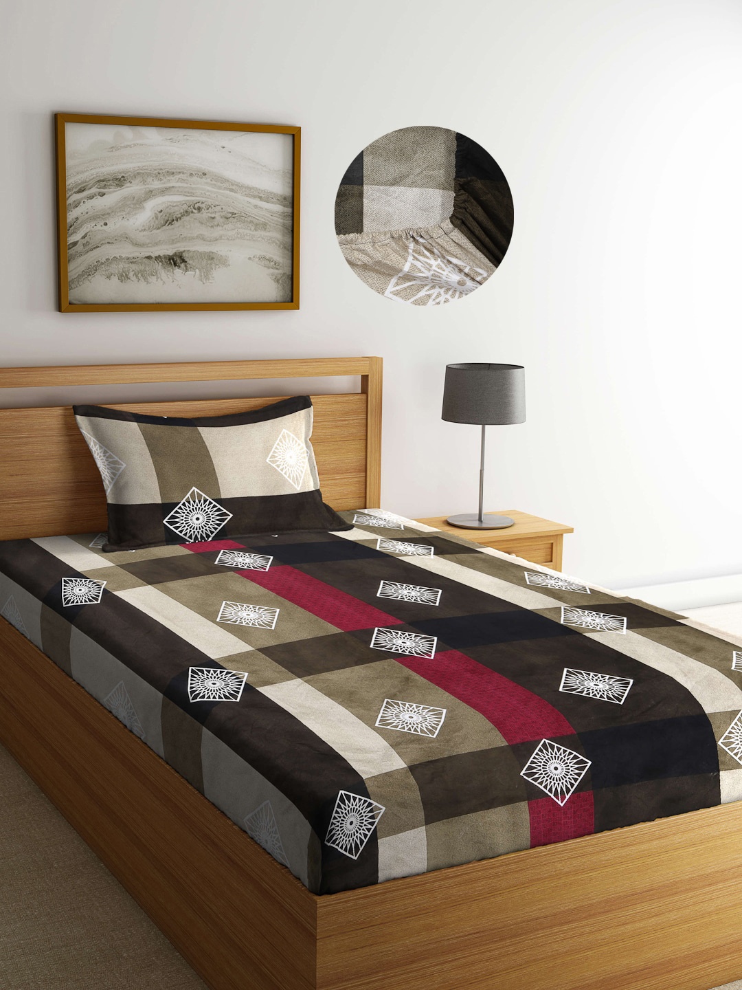

Arrabi Green & Brown Geometric 300 TC Single Bedsheet with 1 Pillow Covers