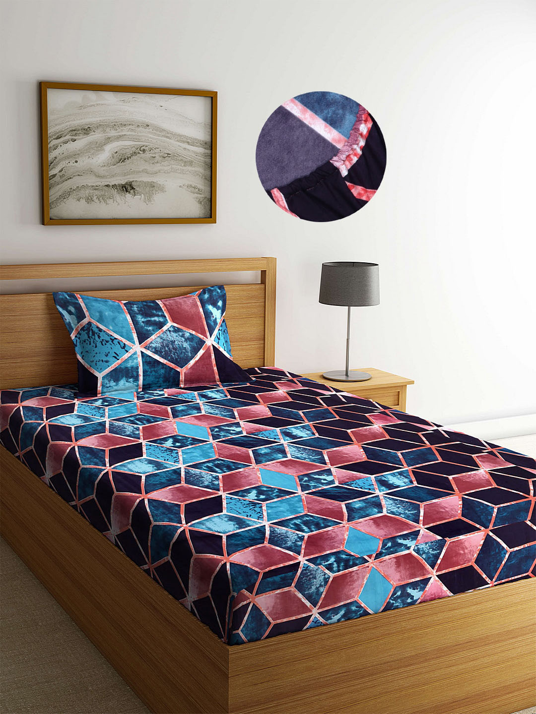 

Arrabi Blue & Pink Geometric 300 TC Single Fitted Bedsheet with 1 Pillow Cover