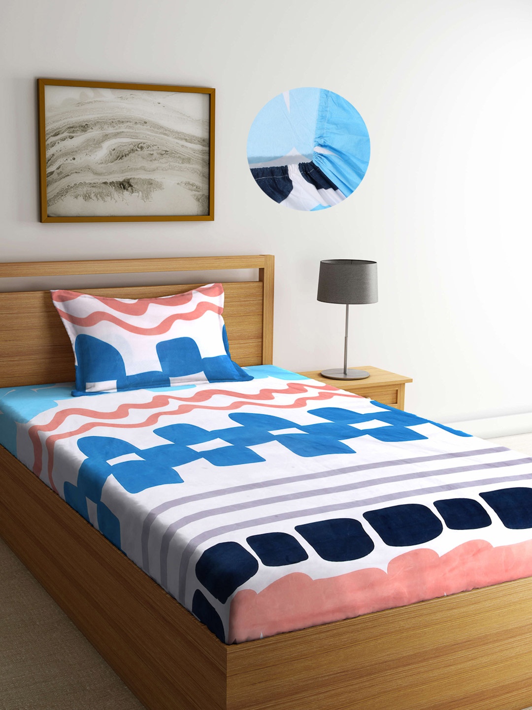 

Arrabi White & Blue Geometric 300 TC Single Bedsheet with 1 Pillow Covers