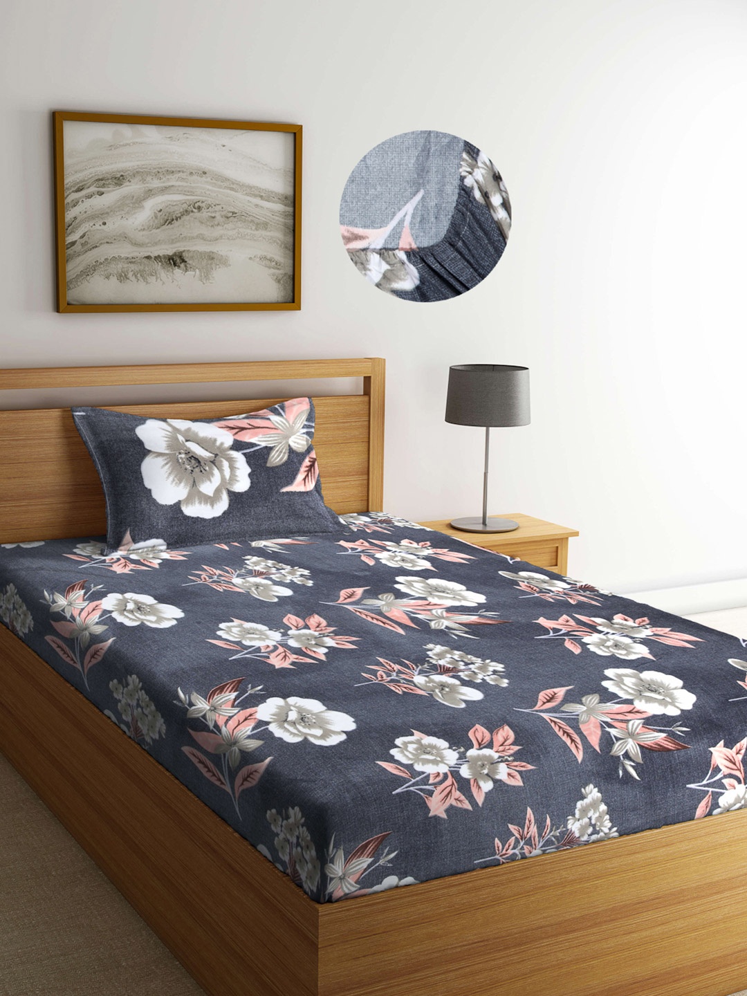 

Arrabi Grey & White Floral 300 TC Single Bedsheet with 1 Pillow Covers