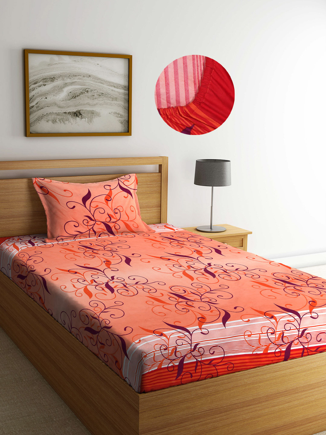 

Arrabi Orange & Red Floral 300 TC Single Bedsheet with 1 Pillow Covers