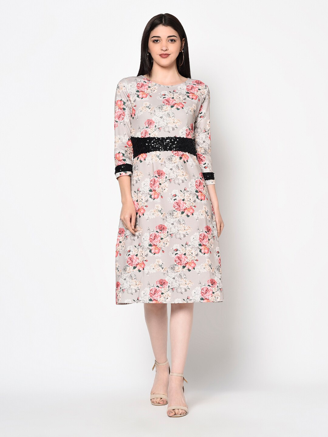 

Miss Grace Women Grey & Pink Floral Polyester A-Line Dress