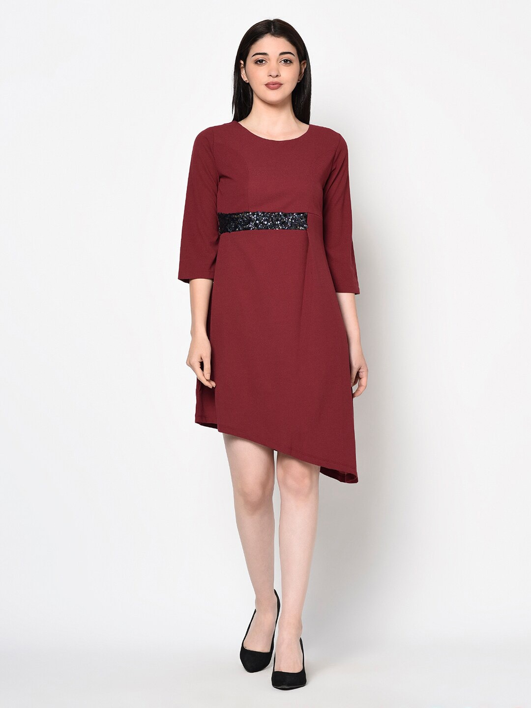 

Miss Grace Maroon Solid A-Line Dress