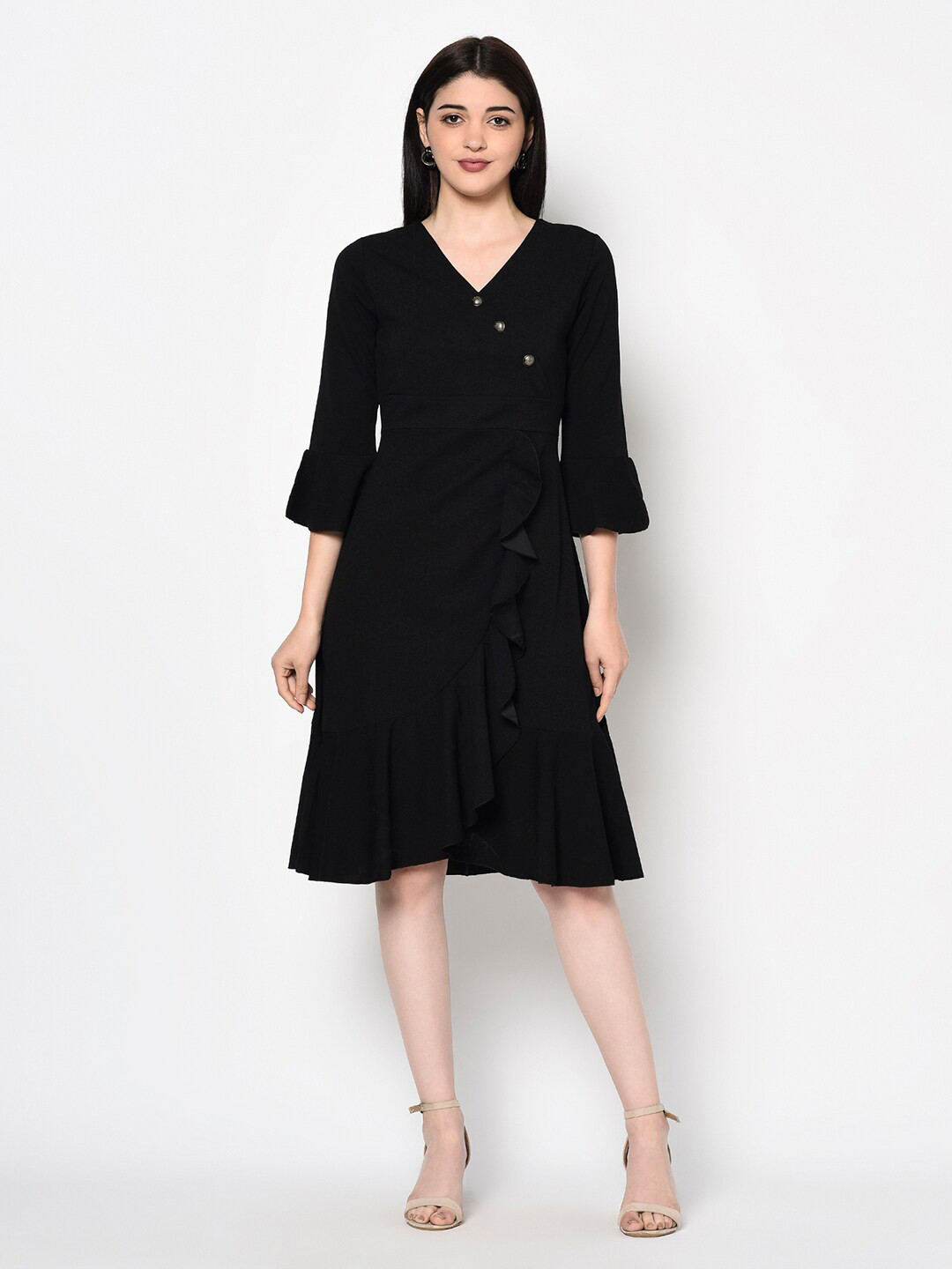 

Miss Grace Black Solid V-Neck Dress