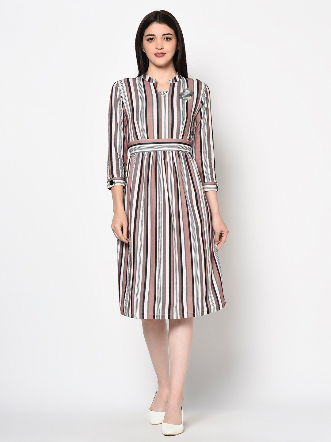 

Miss Grace Off White Striped Flared Dress