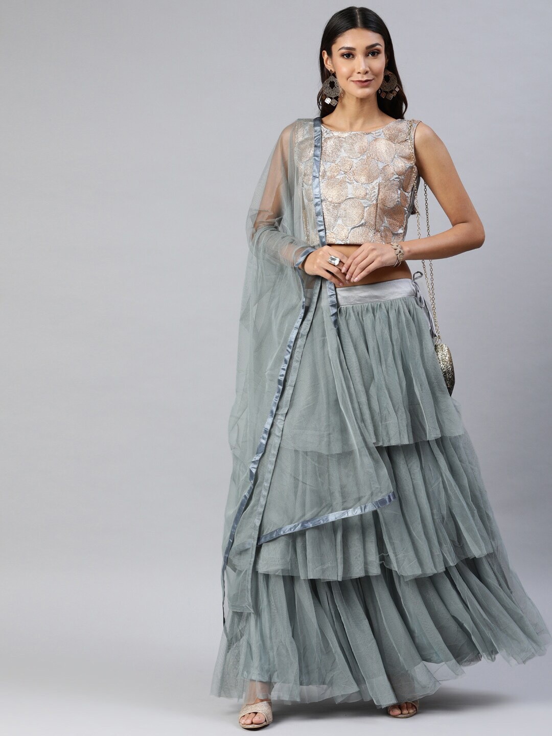 

Fabcartz Grey Embroidered Semi-Stitched Lehenga & Unstitched Blouse With Dupatta