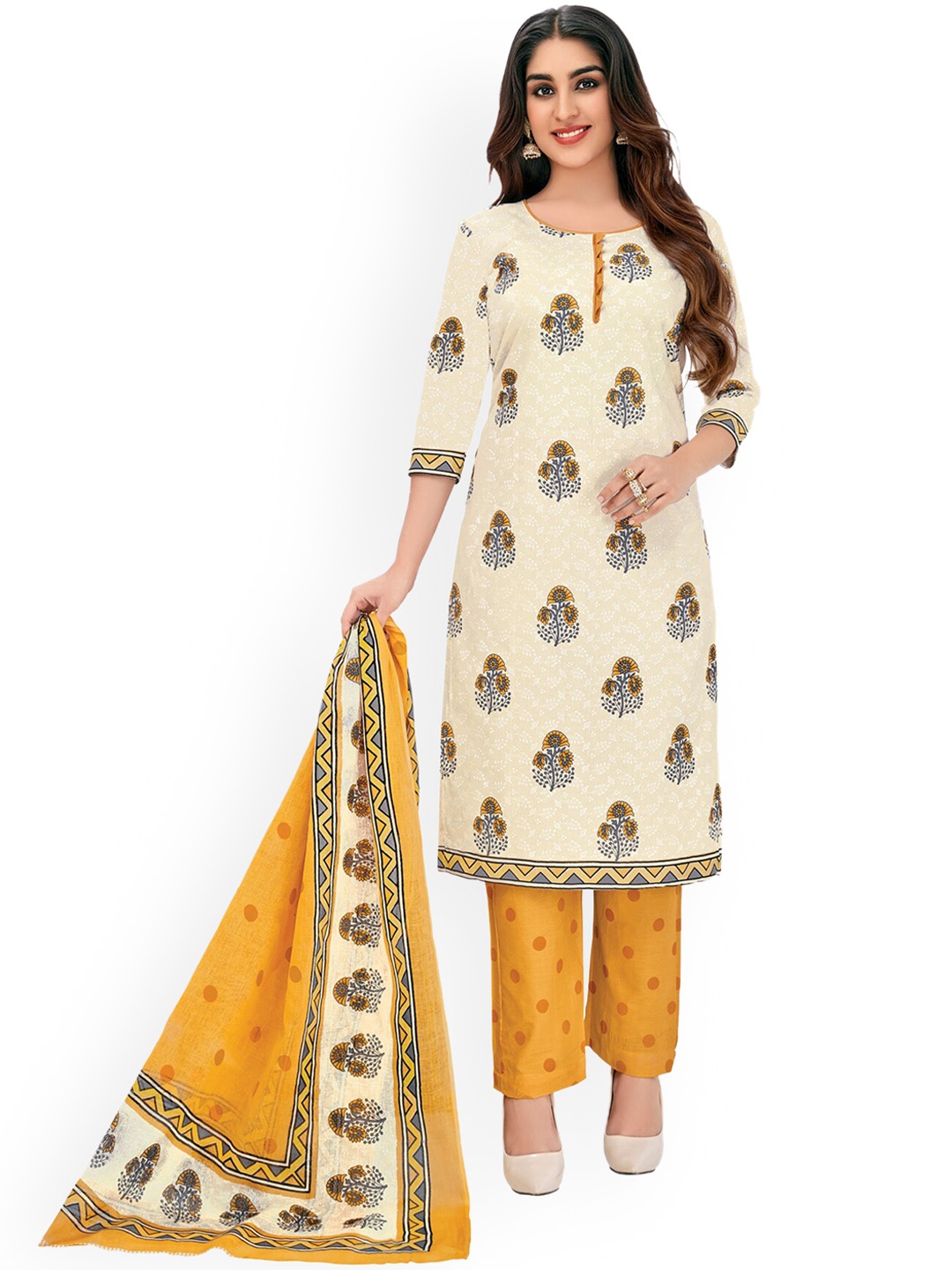 

SALWAR STUDIO Women Cream-Coloured Ethnic Motifs Printed Pure Cotton Kurta with Trousers & With Dupatta