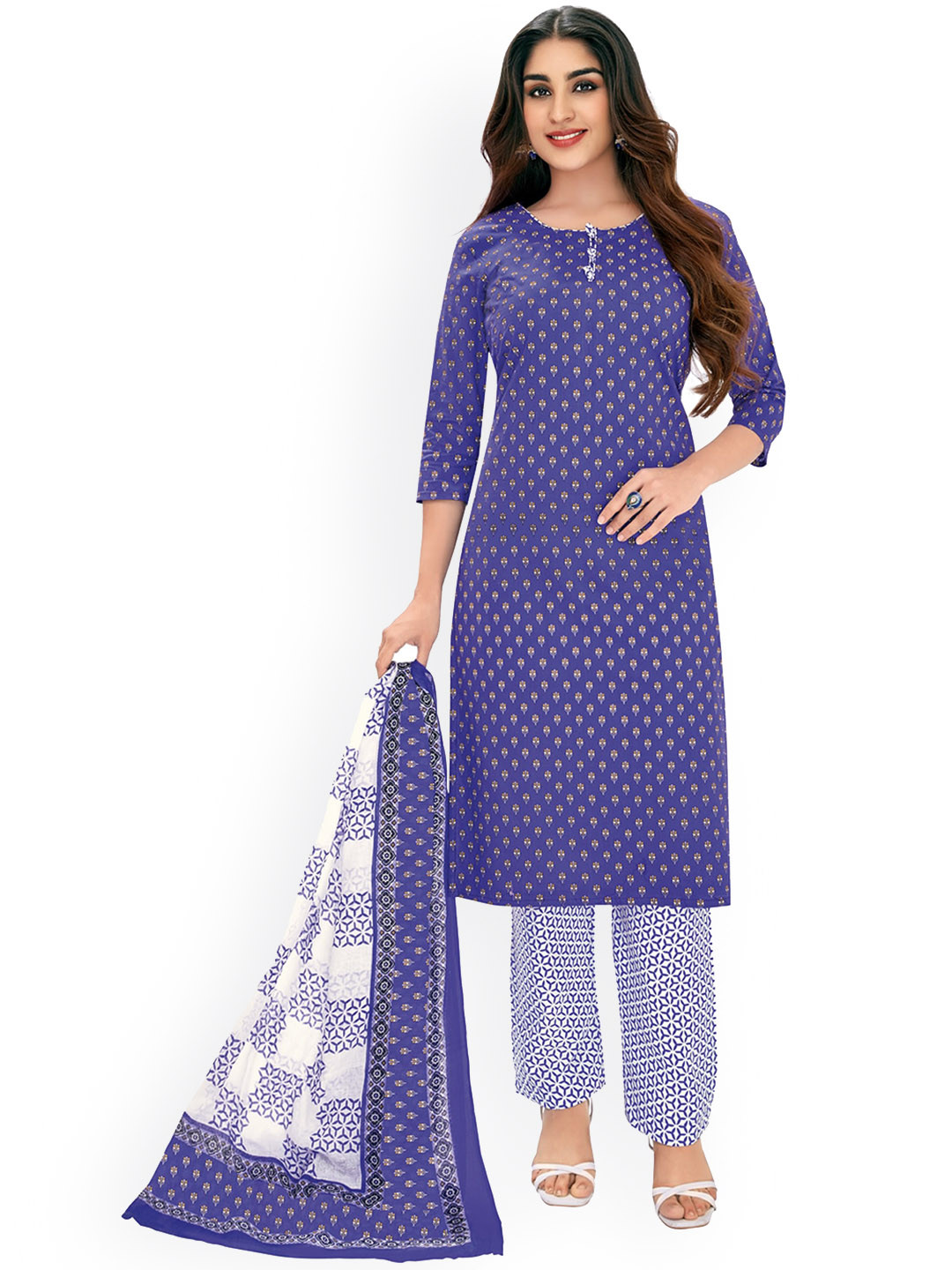 

SALWAR STUDIO Women Blue Ethnic Motifs Printed Pure Cotton Kurta with Trousers & With Dupatta
