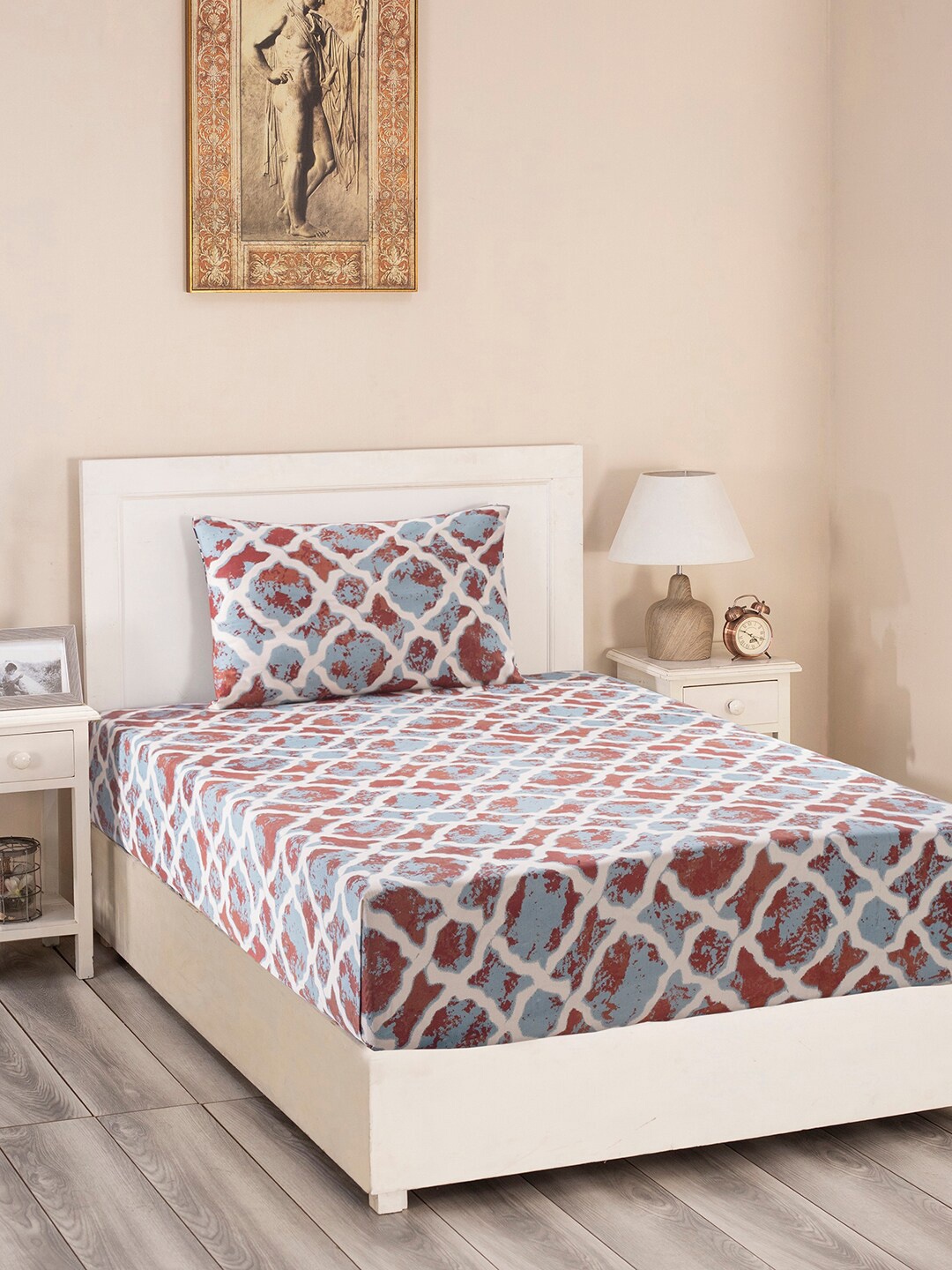 

MASPAR Red & Cream Printed 300 TC Single Bedsheet with 1 Pillow Covers