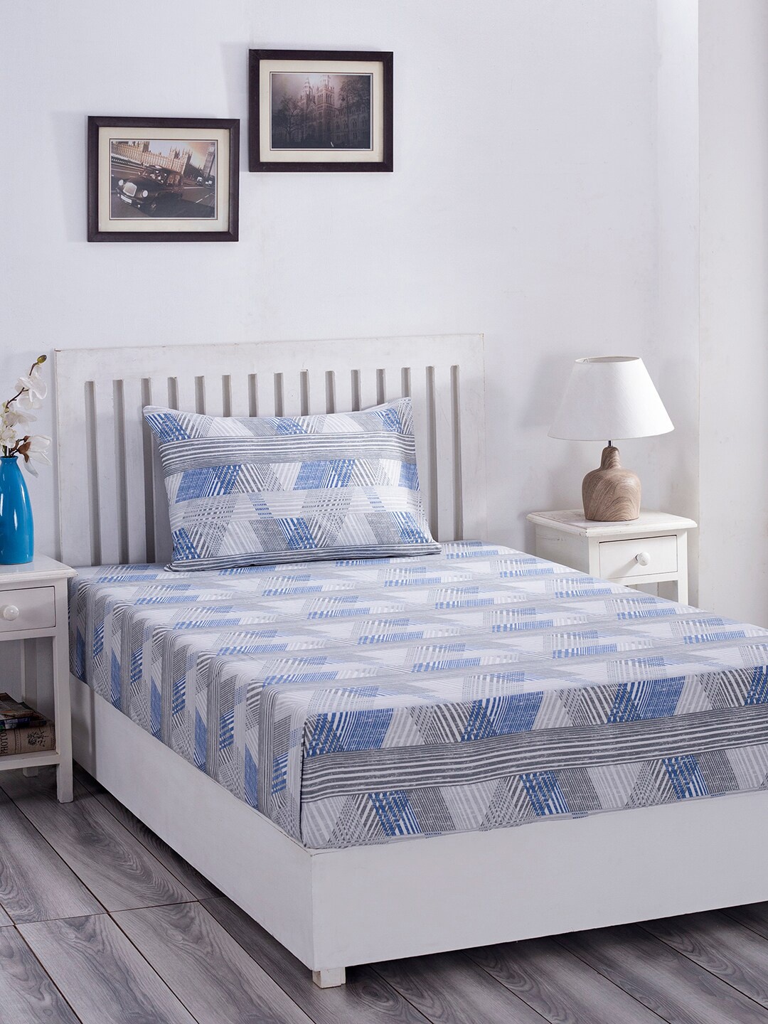 

MASPAR Blue & Grey Geometric 210 TC Single Bedsheet with 1 Pillow Cover