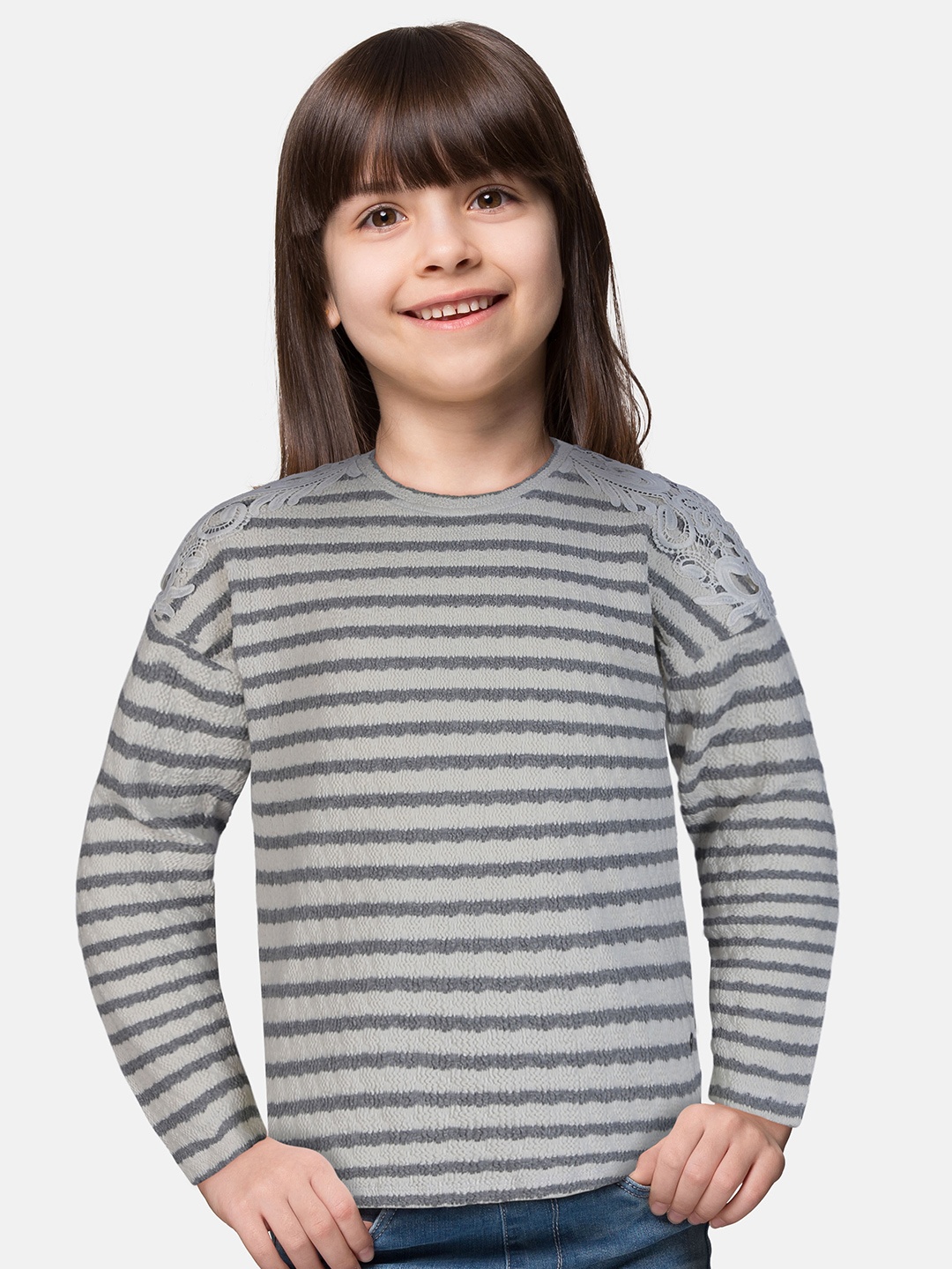 

Gini and Jony Girls Grey & Black Cotton Blend Striped Top