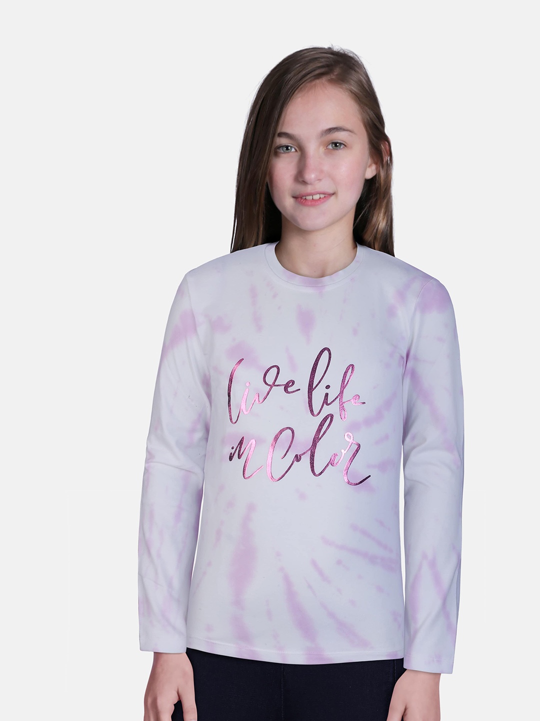 

Gini and Jony Girls White & Lavender Tie and Dye Printed T-shirt