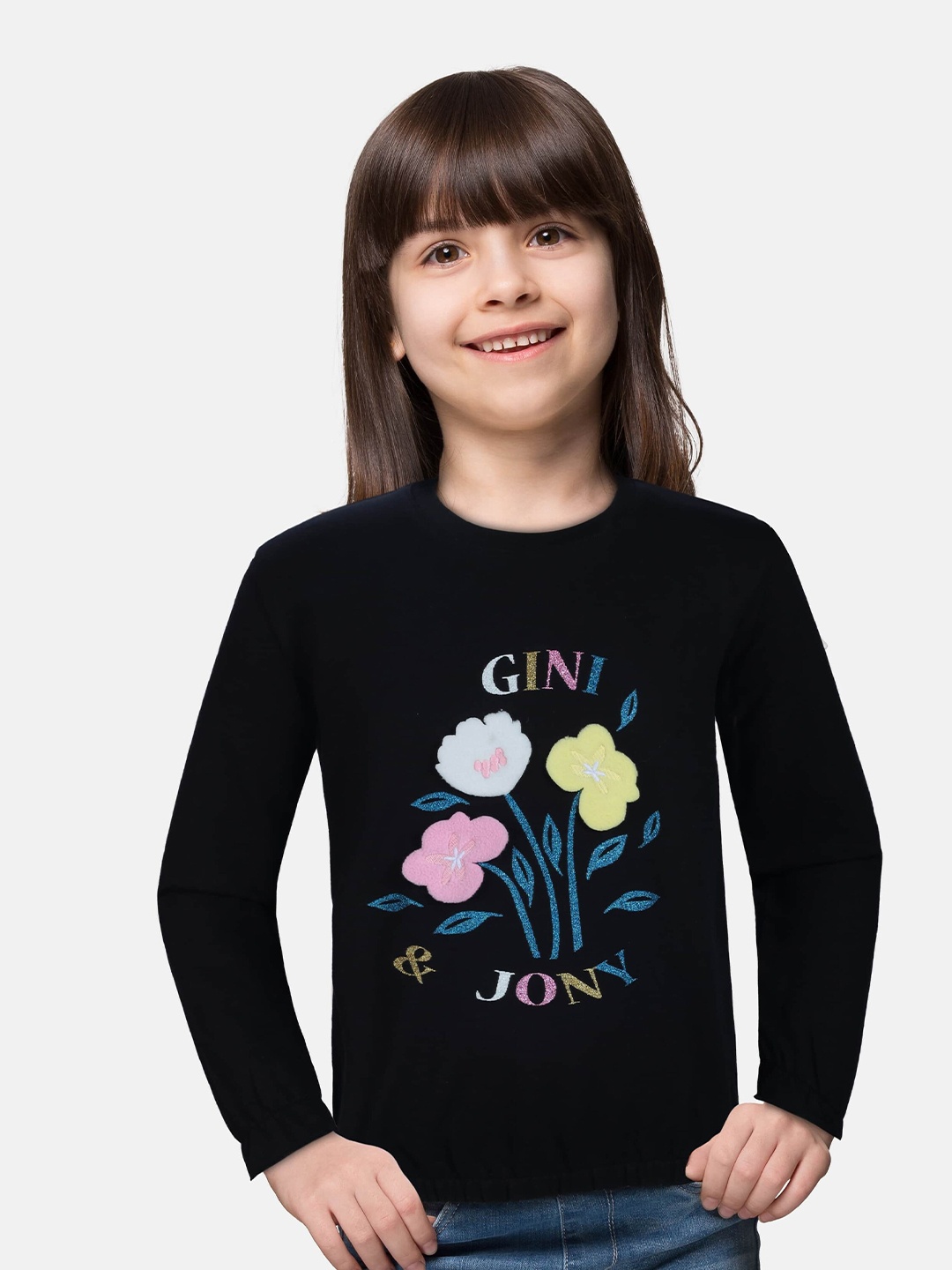 

Gini and Jony Girls Black & Pink Floral Printed Top