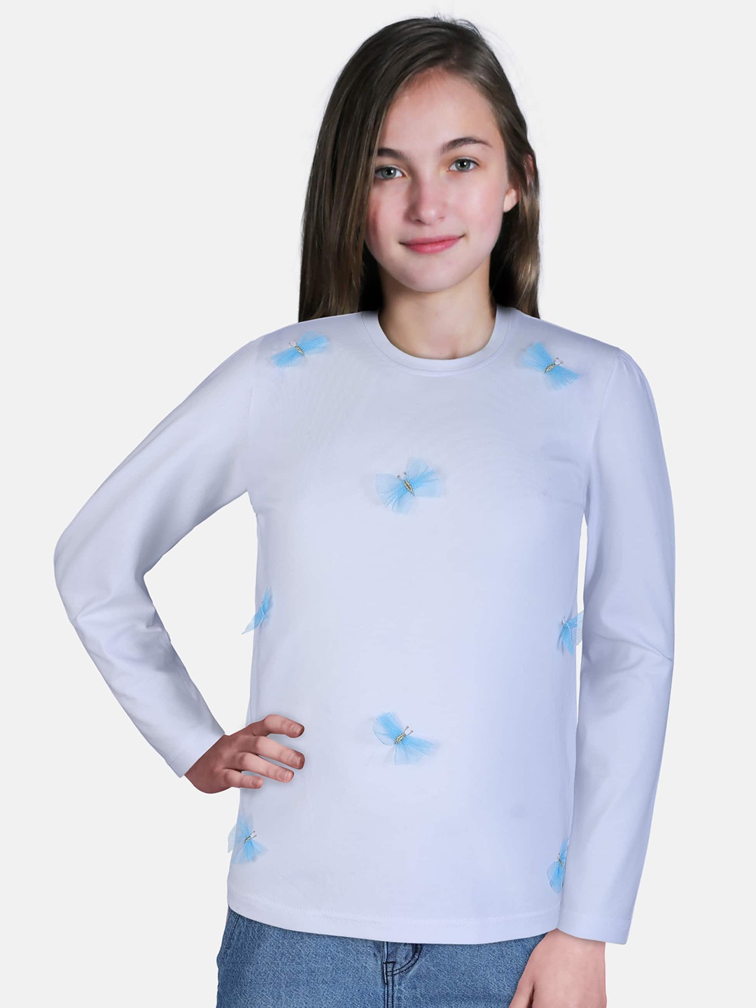 

Gini and Jony Girls White & Blue Embellished Full Sleeves Top