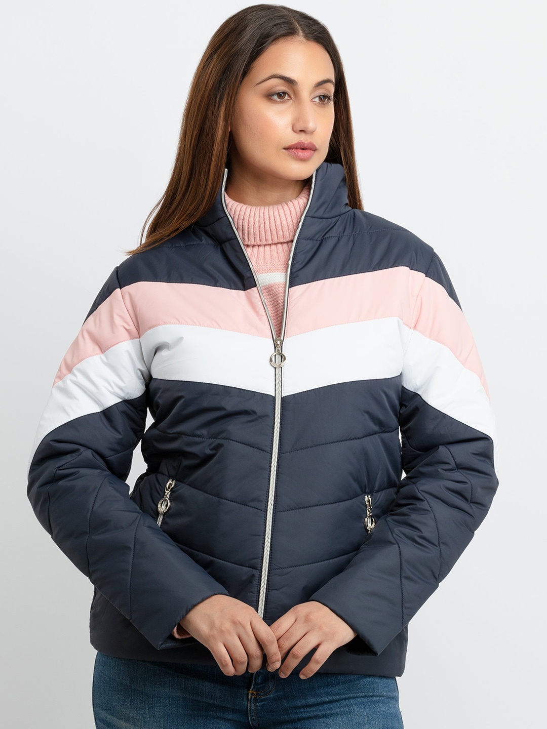 

Status Quo Women Navy Blue Colourblocked Padded Jacket