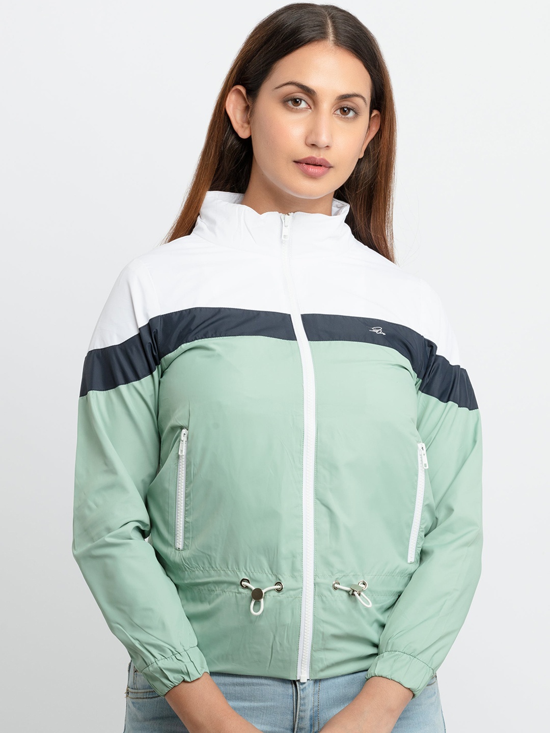 

Status Quo Women Green Colourblocked High Neck Bomber Jacket