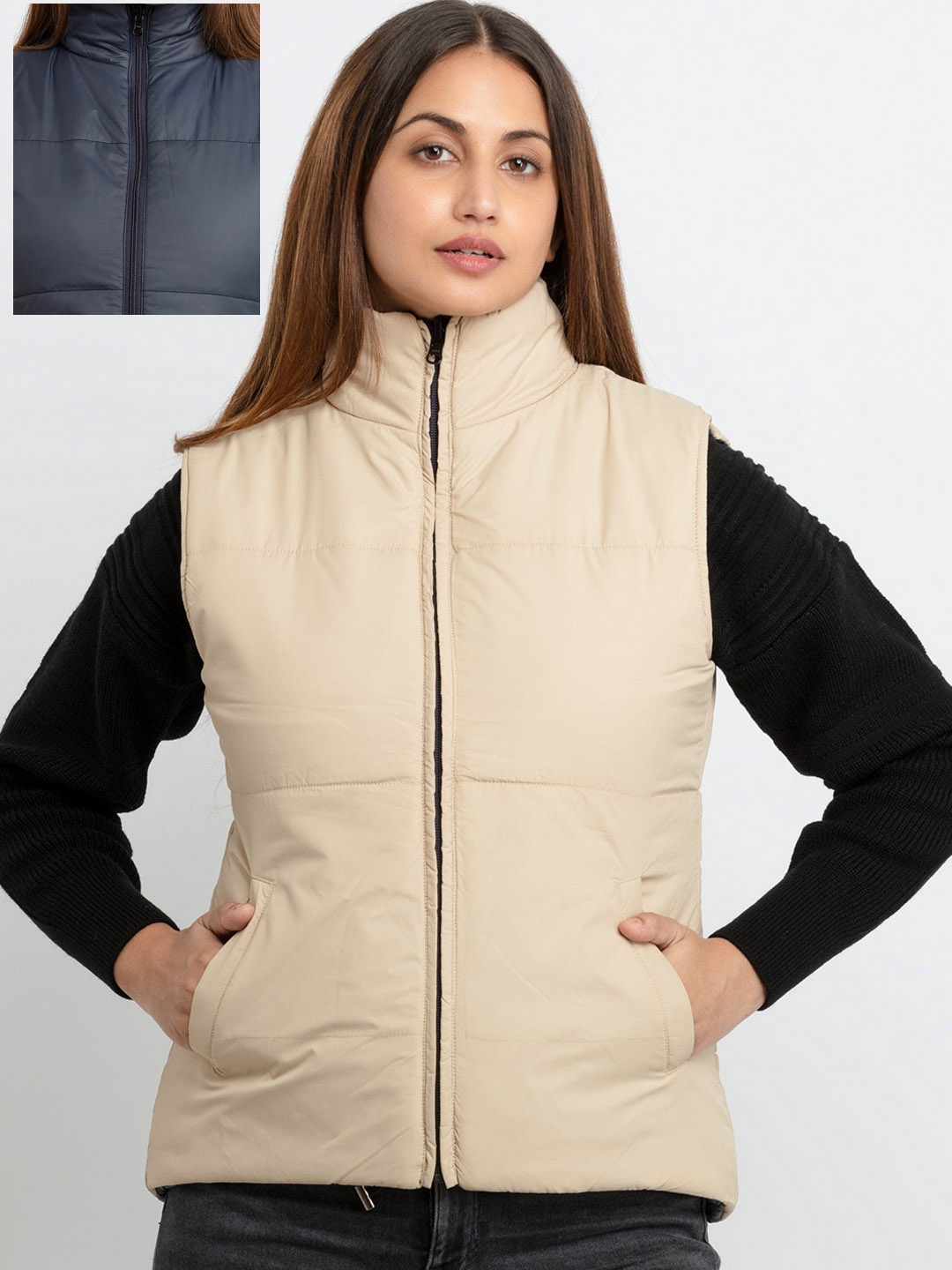 

Status Quo Women Reversible Beige Grey Padded Jacket