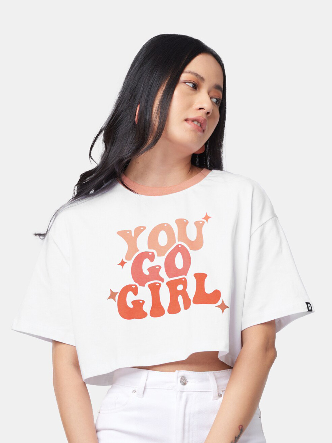

The Souled Store Women White TSS You Go Girl Typography Print Oversized Crop T-Shirt