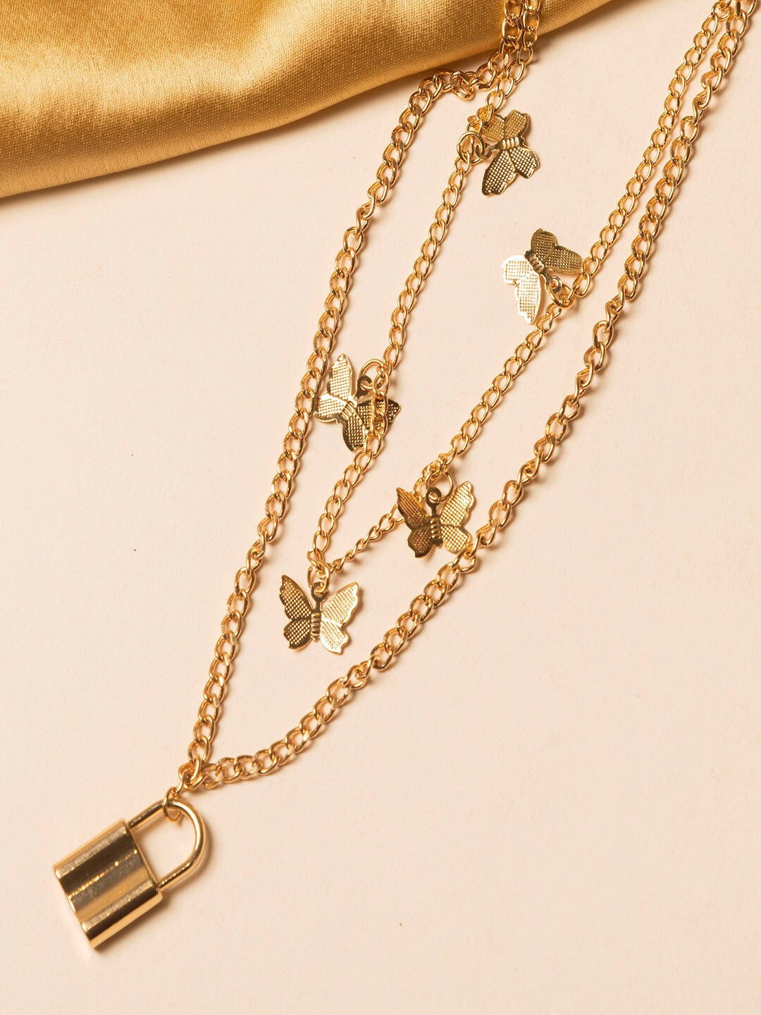 

Jewelz Gold-Toned Gold-Plated Double Layered Lock Pendant Necklace