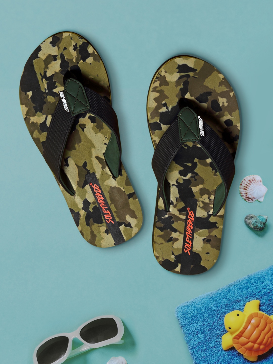 

Solethreads Unisex Kids Olive Green & Black Printed Thong Flip-Flops