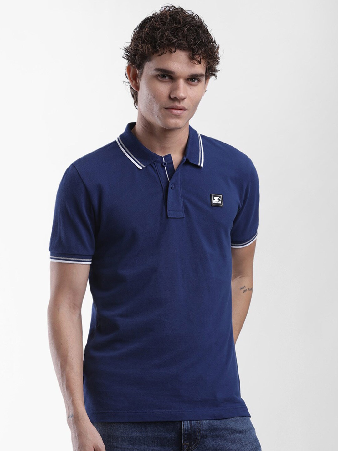 

STARTER Men Blue & White Cotton Polo Collar T-shirt