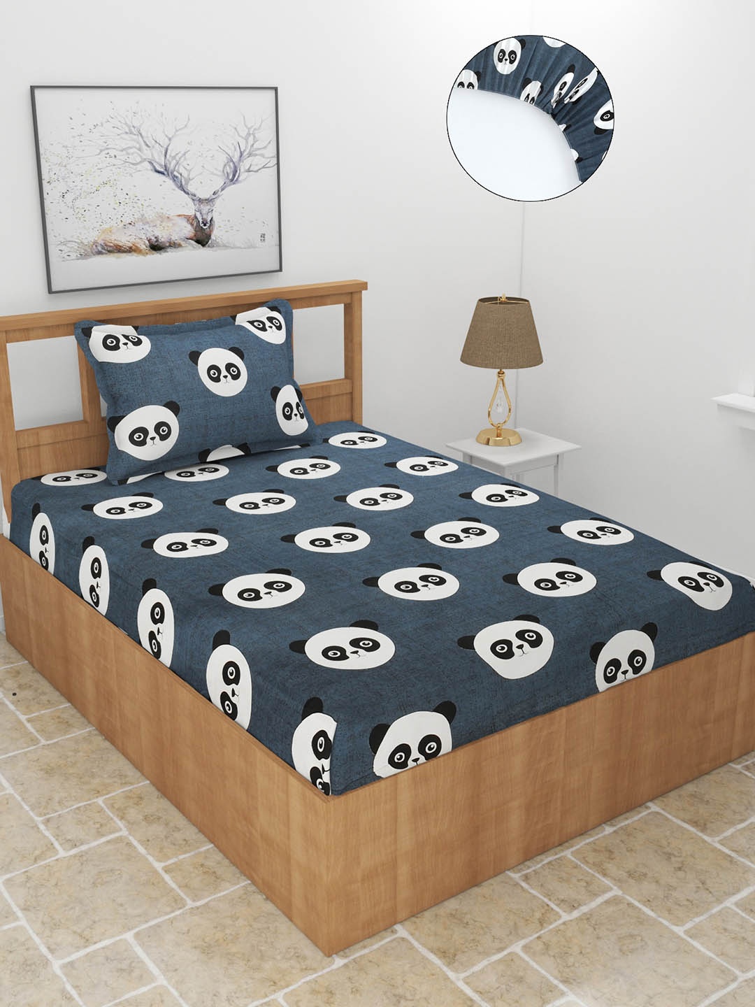 

MORADO Teal & White Graphic 210 TC Single Fitted Bedsheet With 1 Pillow Covers