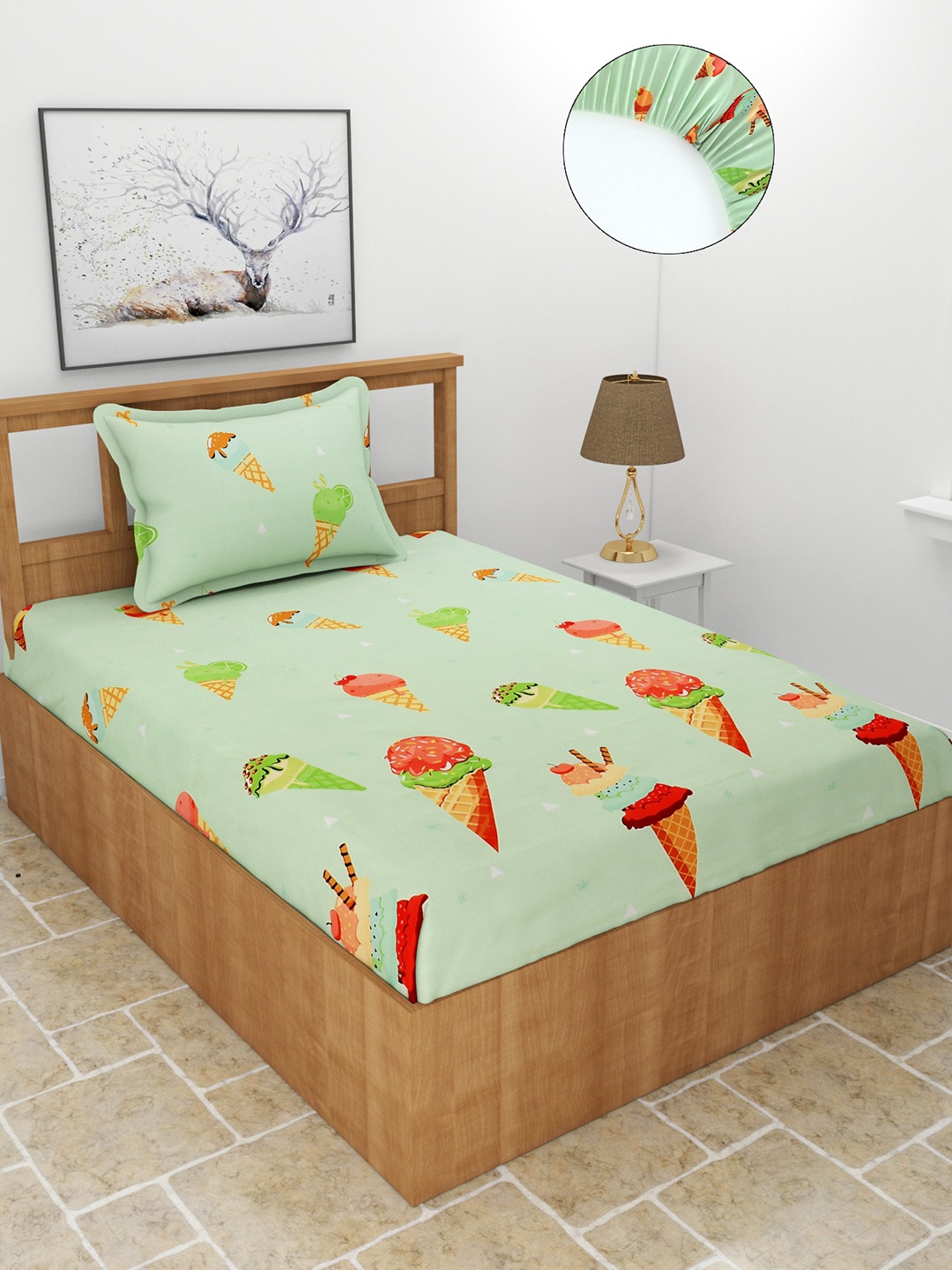 

MORADO Green & Red Conversational Print 180 TC Single Fitted Bedsheet with 1 Pillow Covers