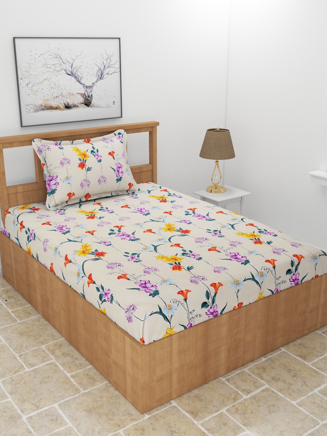 

MORADO Off White & Pink Floral 180 TC Single Fitted Bedsheet with 1 Pillow Covers