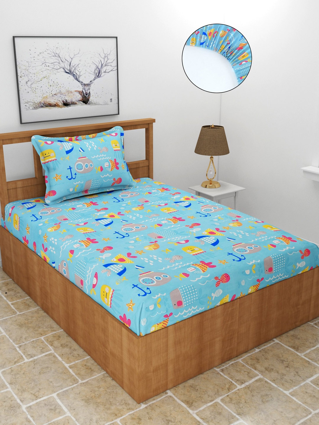 

MORADO Turquoise Blue & Yellow 210 TC Single Fitted Bedsheet with 1 Pillow Covers