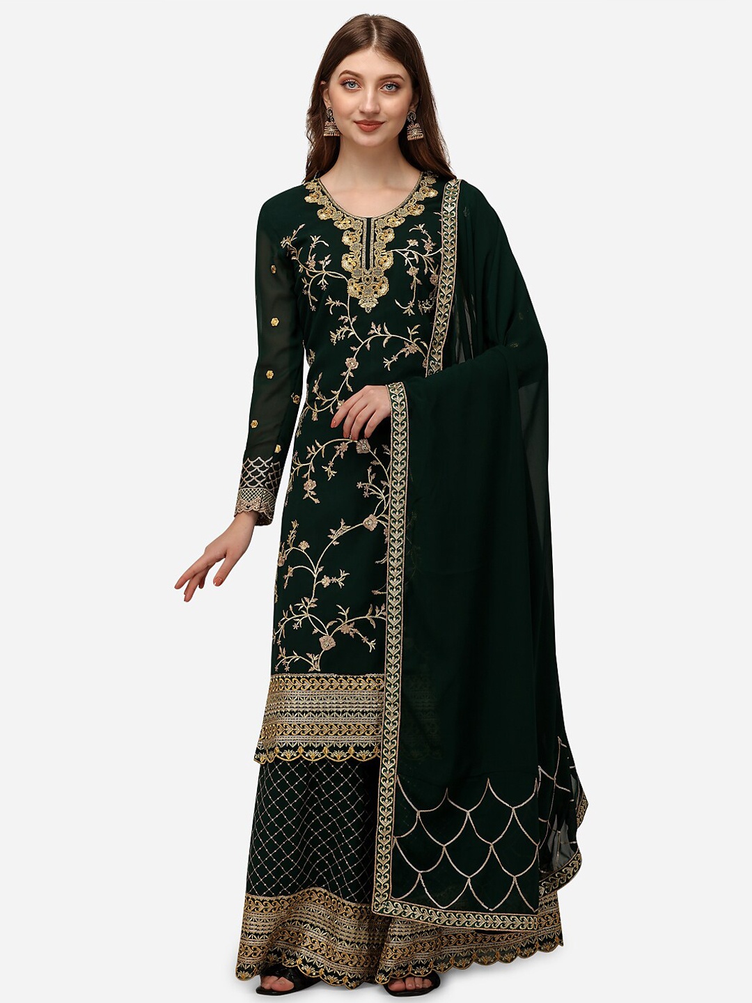 

Nivah Fashion Women Black Floral Embroidered Sequinned Kurta with Skirt & With Dupatta