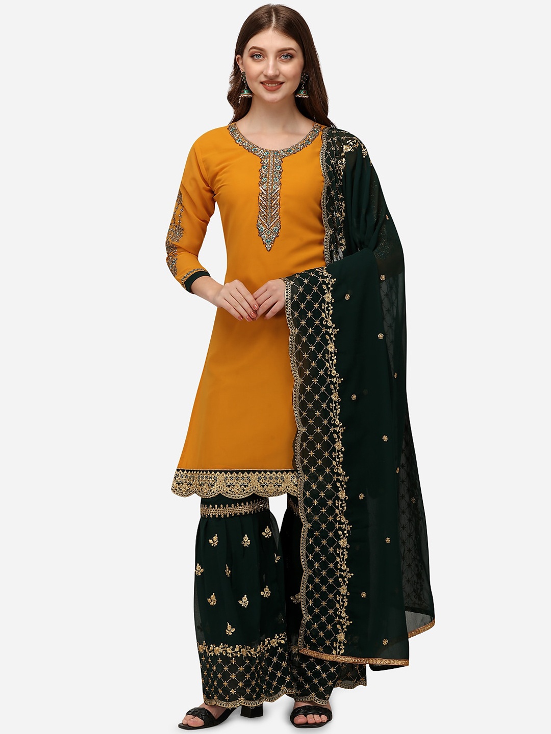 

Nivah Fashion Women Yellow Floral Embroidered Beads and Stones Kurta with Sharara