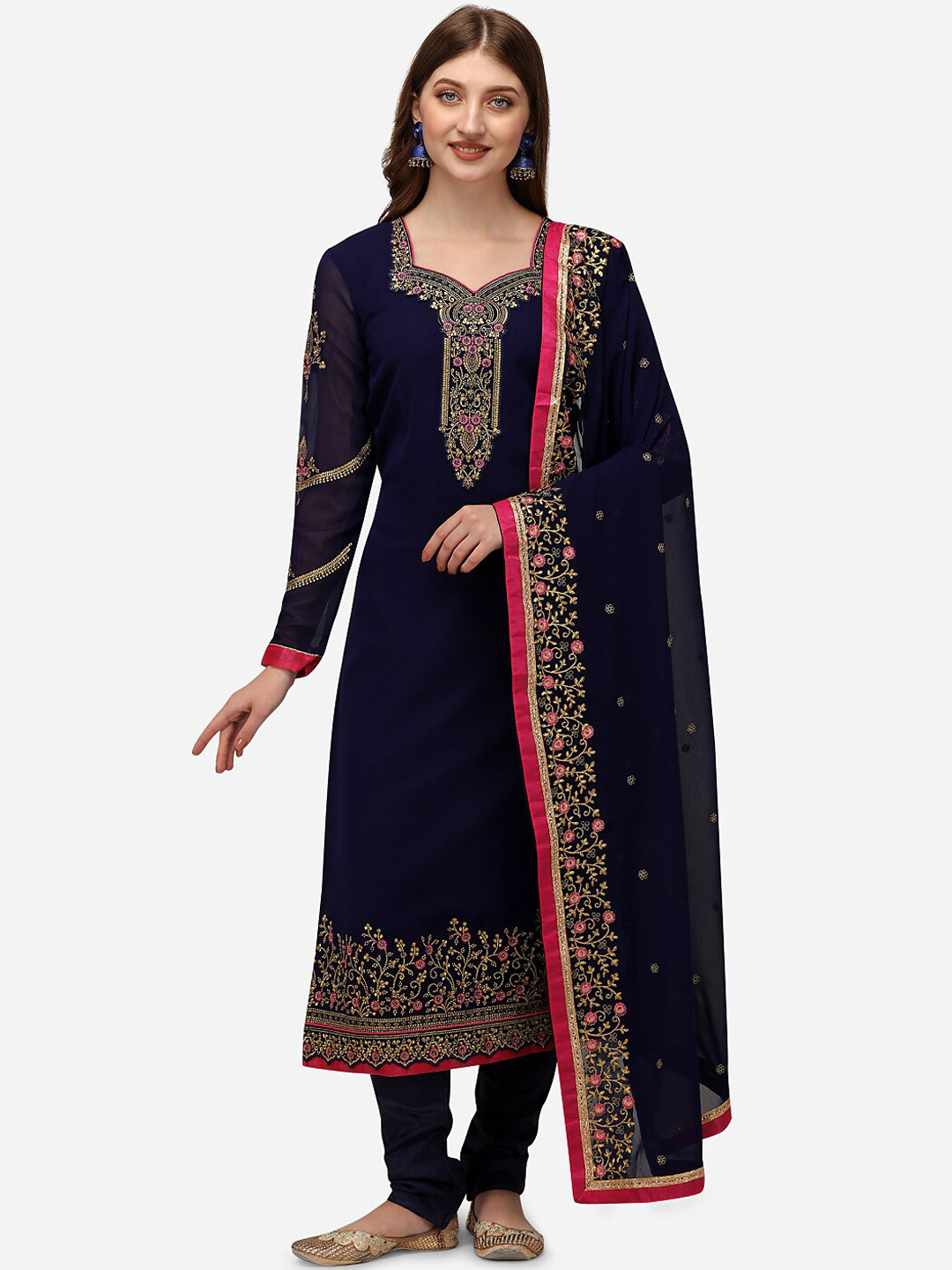 

Nivah Fashion Women Blue Floral Embroidered Beads and Stones Kurta with Churidar