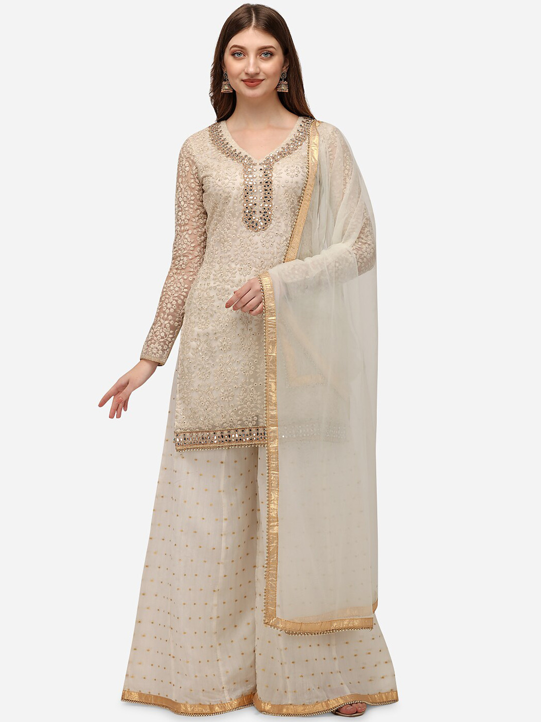 

Nivah Fashion Women White Ethnic Motifs Embroidered Mirror Work Kurta with Palazzos & With Dupatta