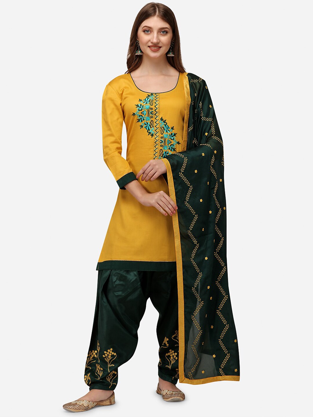 

Nivah Fashion Yellow & Green Embroidered Pure Cotton Unstitched Dress Material