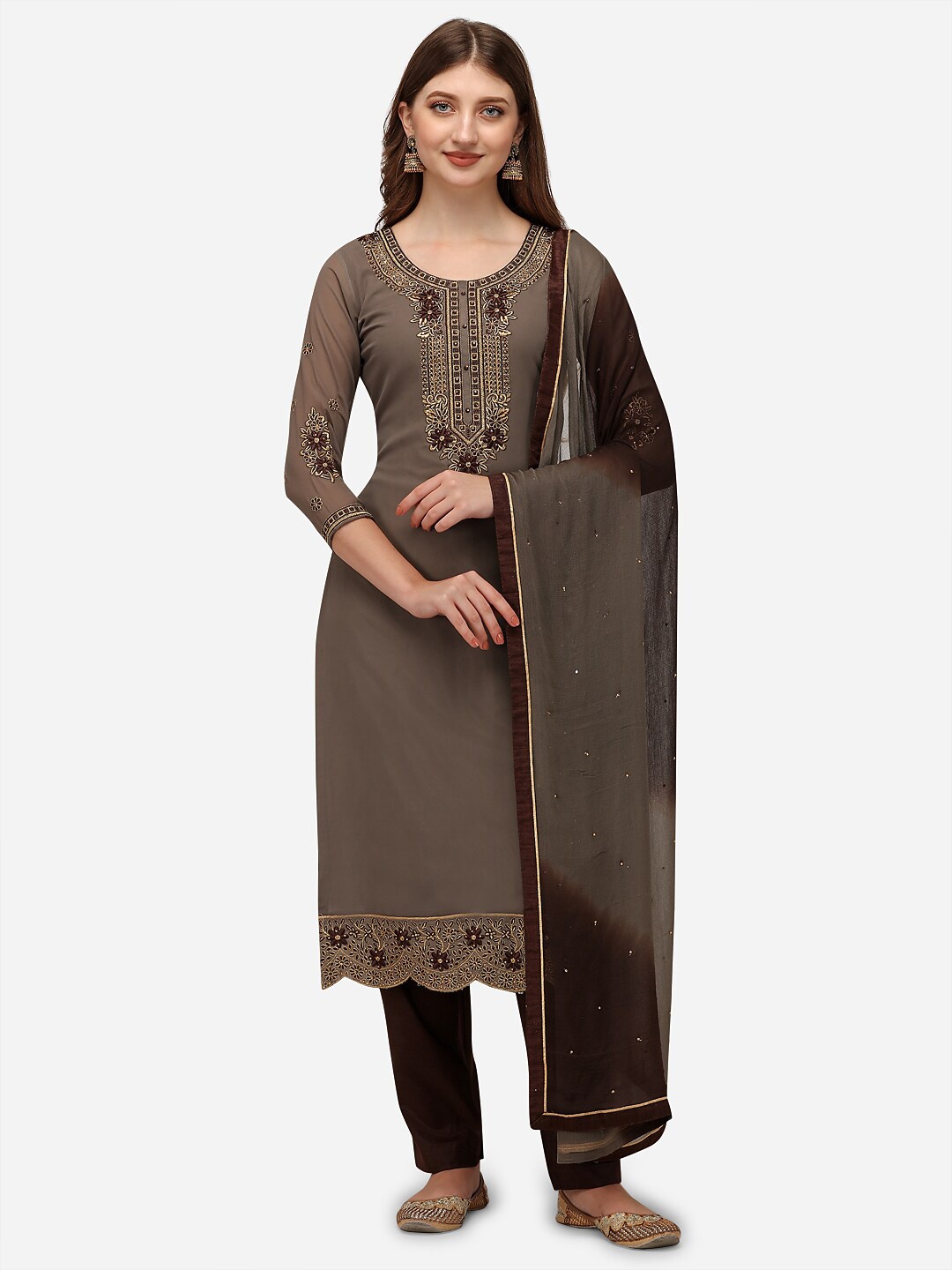 

Nivah Fashion Grey & Brown Embroidered Unstitched Dress Material