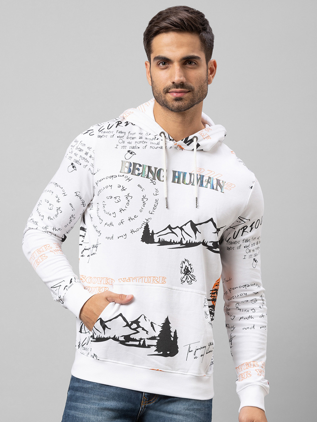 

Being Human Men White Printed Hooded Pullover Sweatshirt