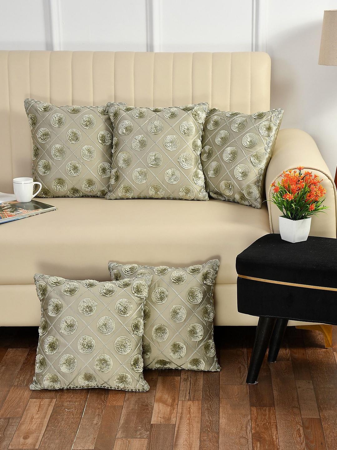 

Bajo's Olive Green Set of 5 Embroidered Square Cushion Covers