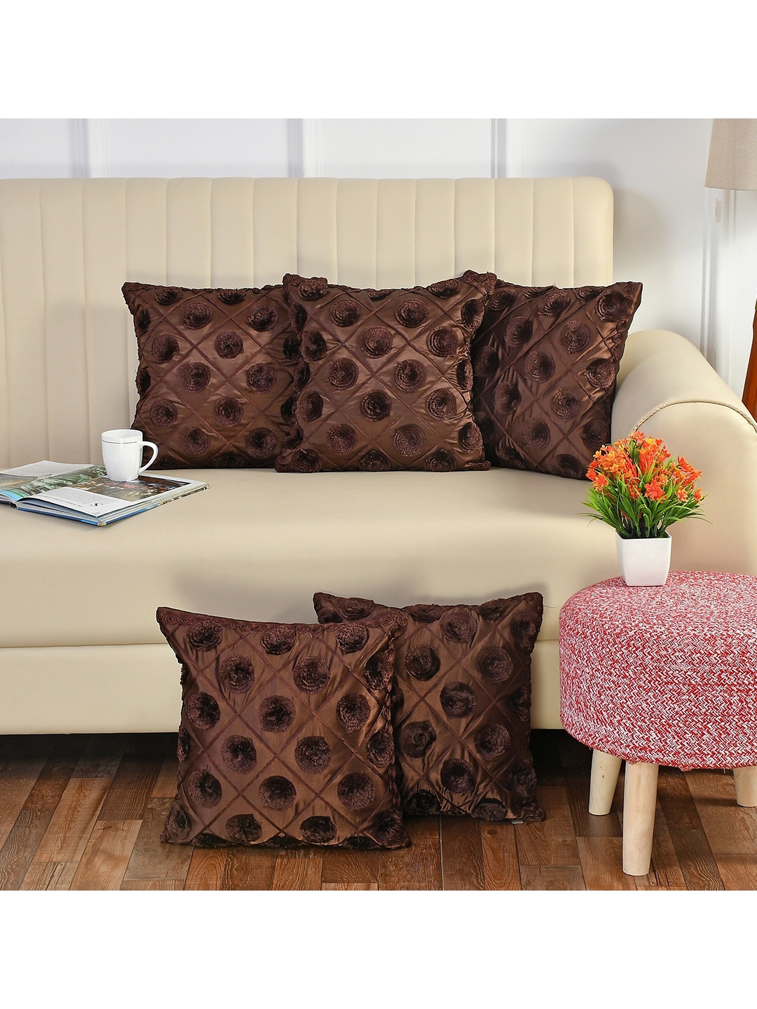 

Bajo's Coffee Brown Set of 5 Embellished Square Cushion Covers