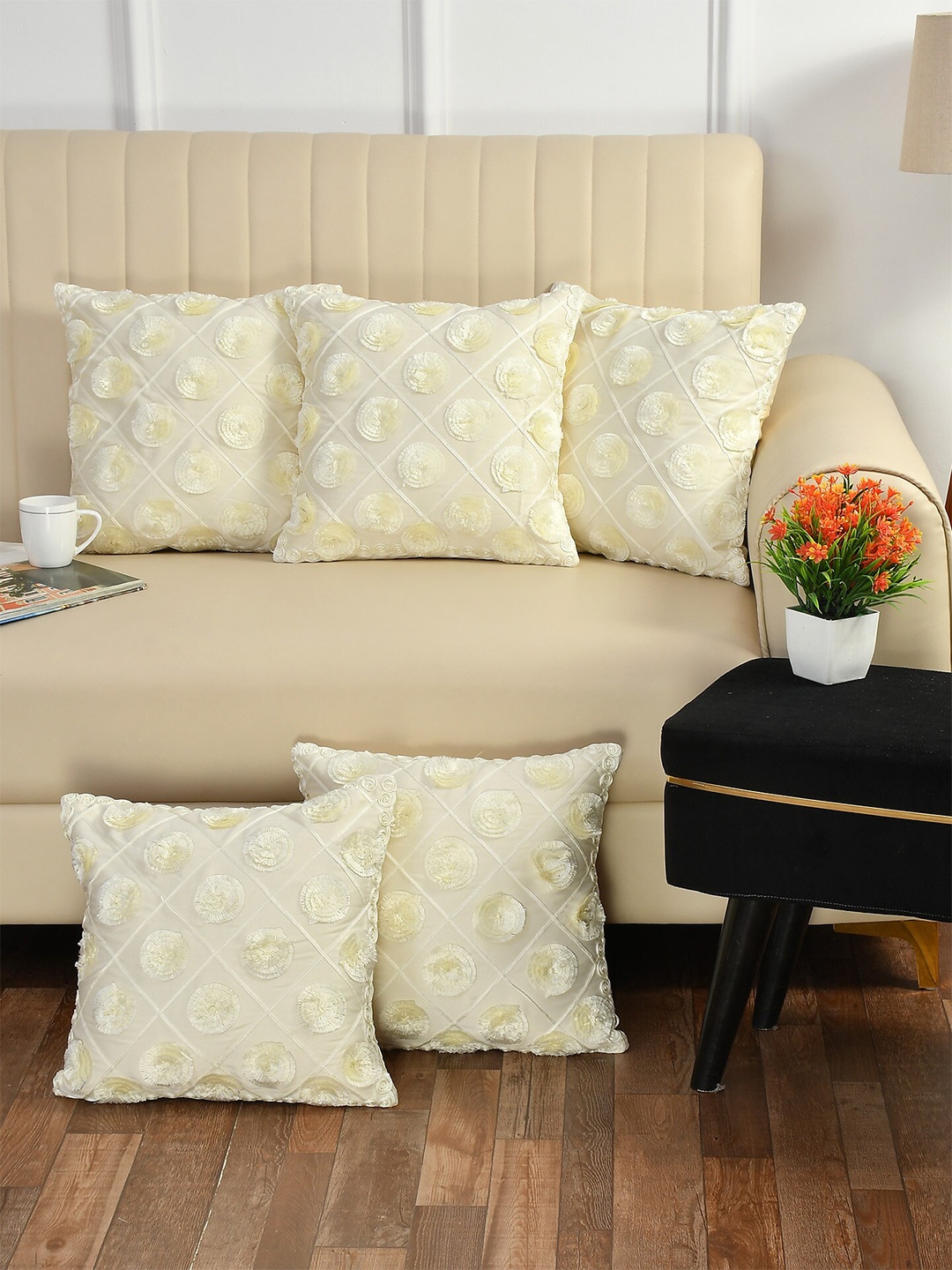 

Bajo's Cream-Coloured Set of 5 Embroidered Square Cushion Covers