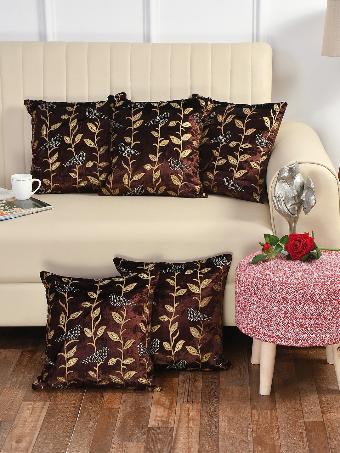 

Bajo's Coffee Brown & Gold-Toned Set of 5 Square Cushion Covers