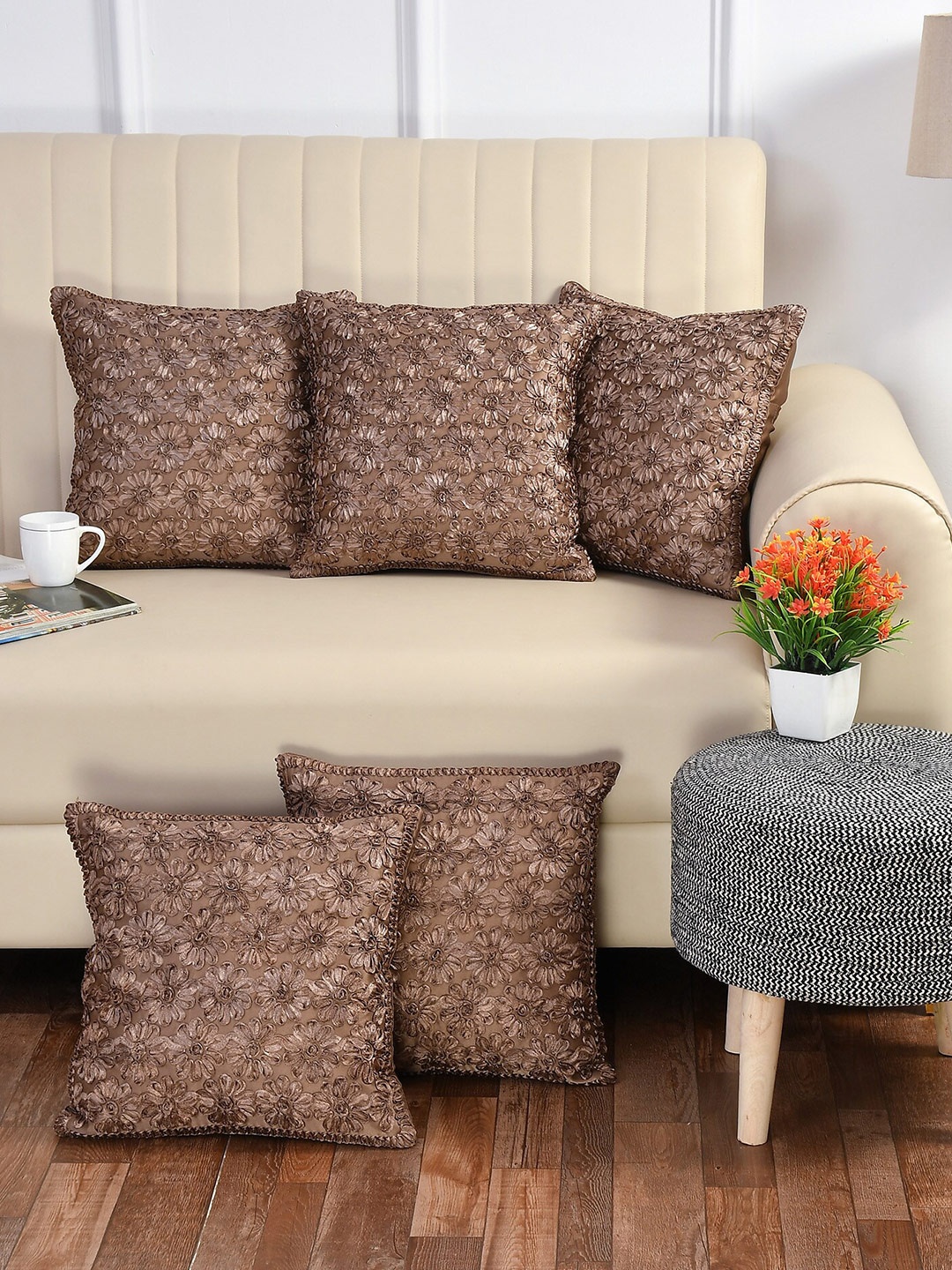 

Bajo's Coffee Brown Set of 5 Embroidered Square Cushion Covers