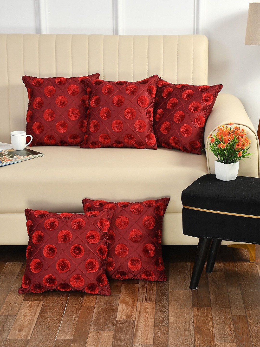 

Bajo's Maroon Set of 5 Embroidered Square Cushion Covers