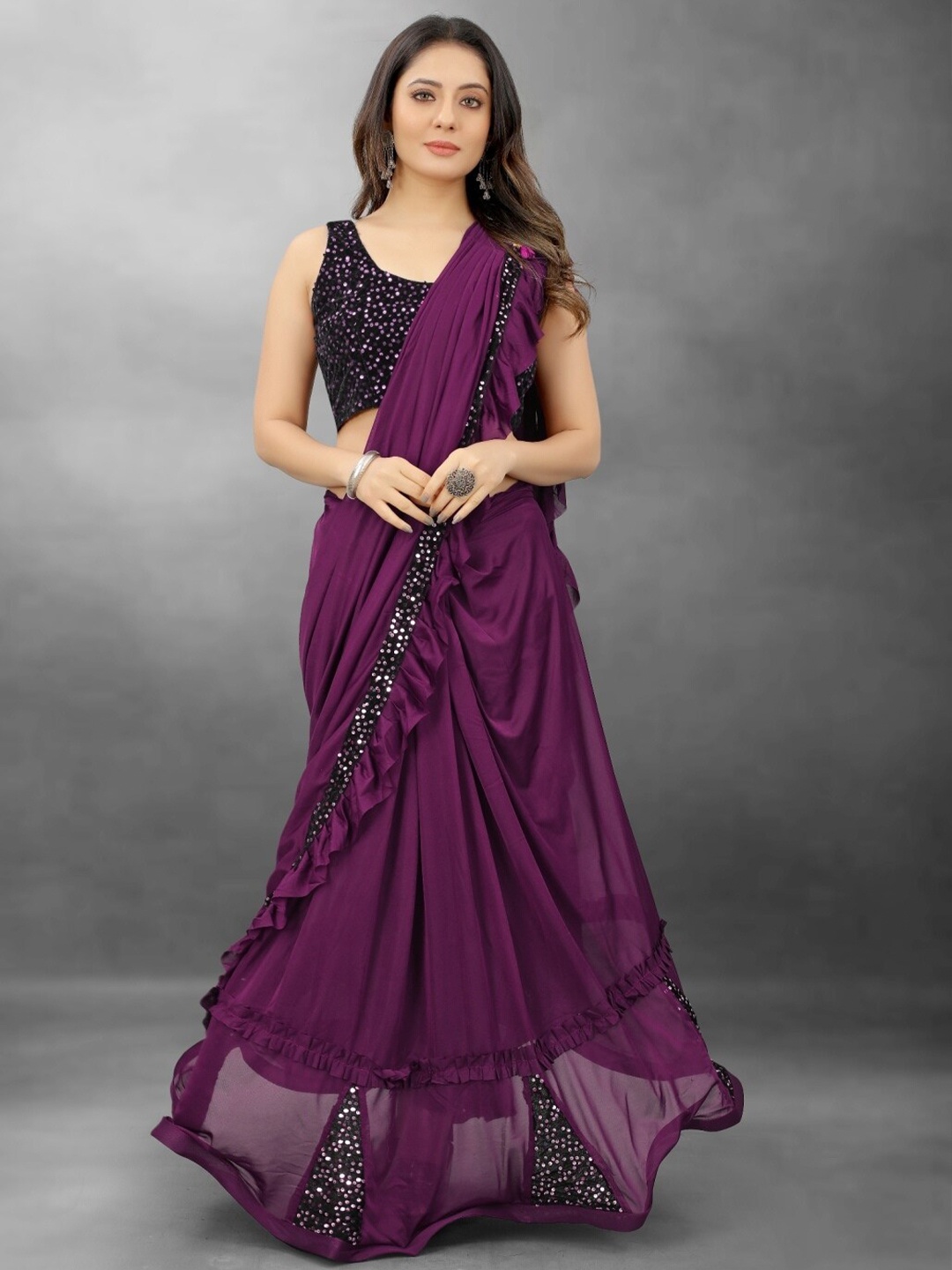 

APNISHA Purple & Black Embellished Sequinned Saree